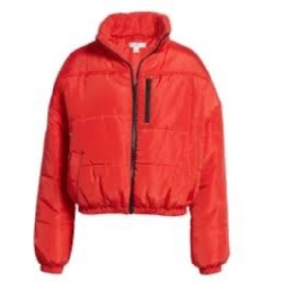 BP Jacket Womens XXS Red Full Front Zip Puffer High Neck Poinsettia Coat - Picture 1 of 6